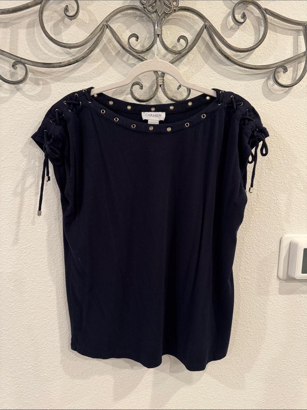 Navy blue Eyelet-Trim Short Sleeve Top
